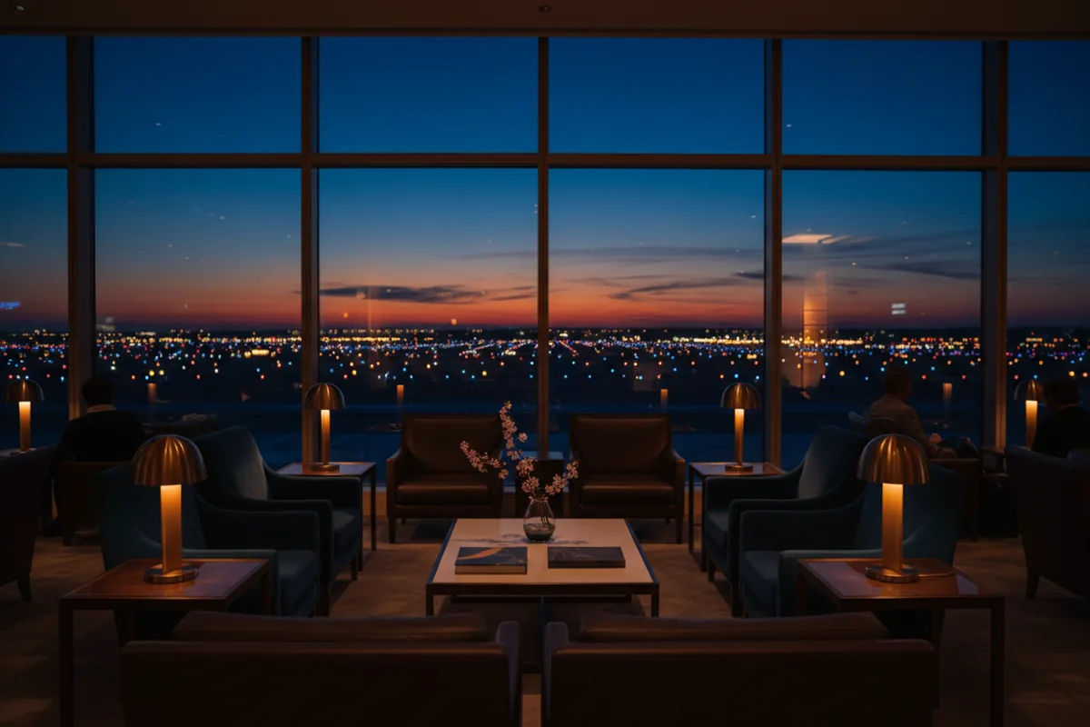 An empty, upscale airport lounge with comfortable seating overlooking the runway at twilight.