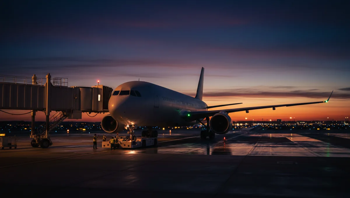 A passenger airplane being pushed back from an airport terminal gate at dusk.