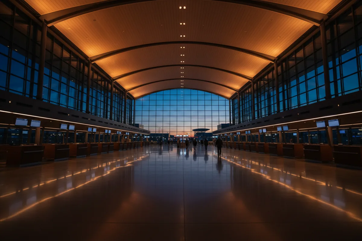 A spacious, modern airport check-in hall with a few travelers at dusk.