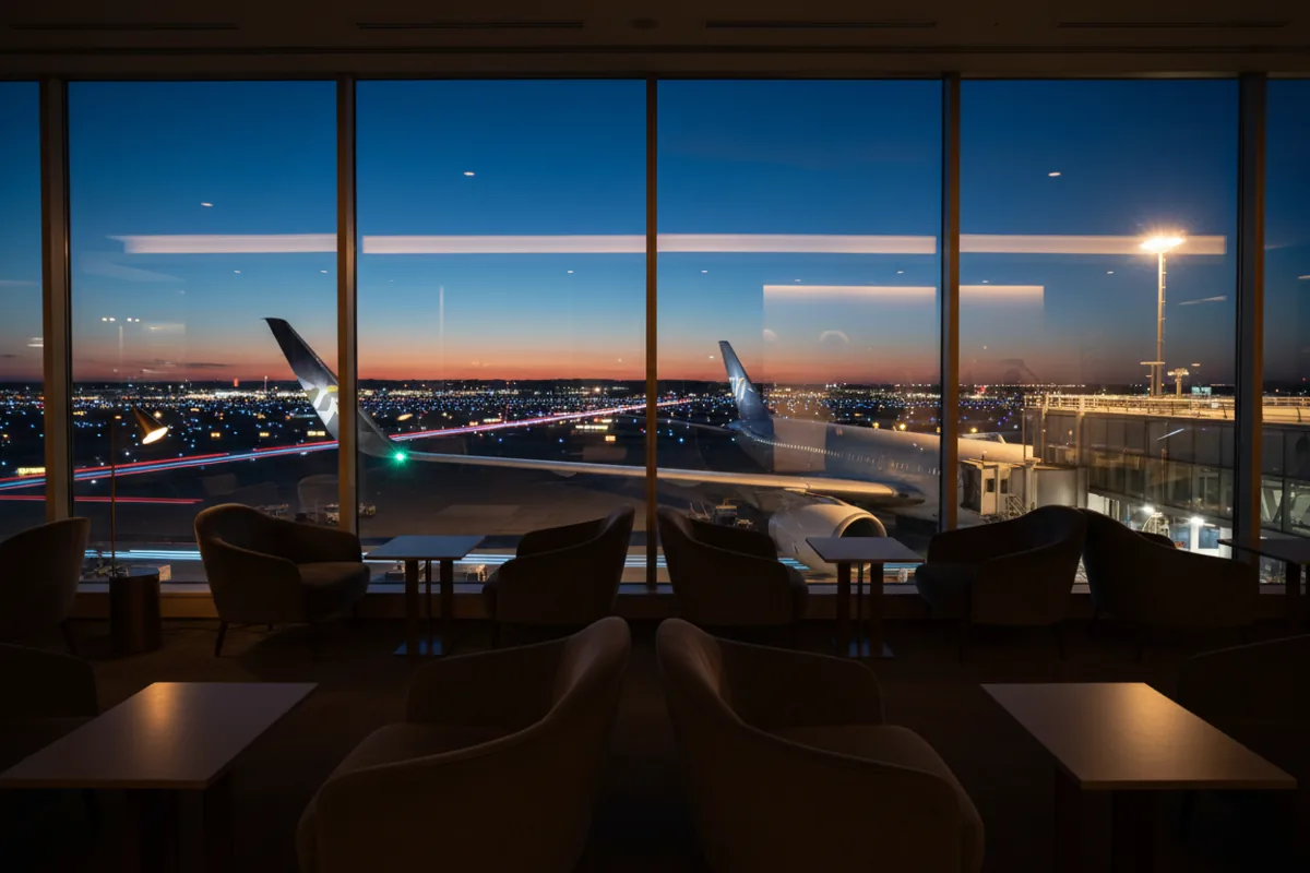 A quiet, modern airport lounge with seating facing a window overlooking the tarmac at dusk.