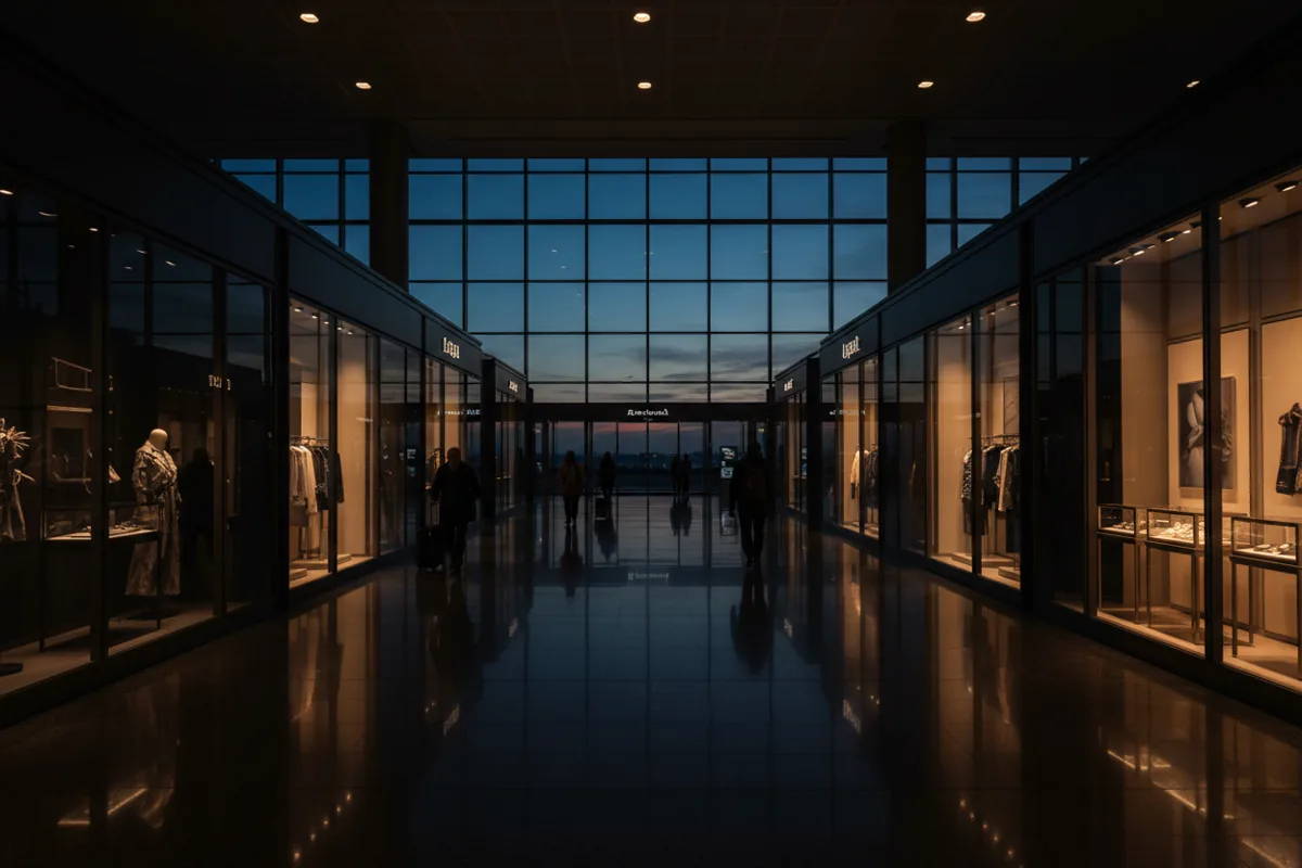 A modern airport corridor with brightly lit, unbranded luxury shopfronts at night.