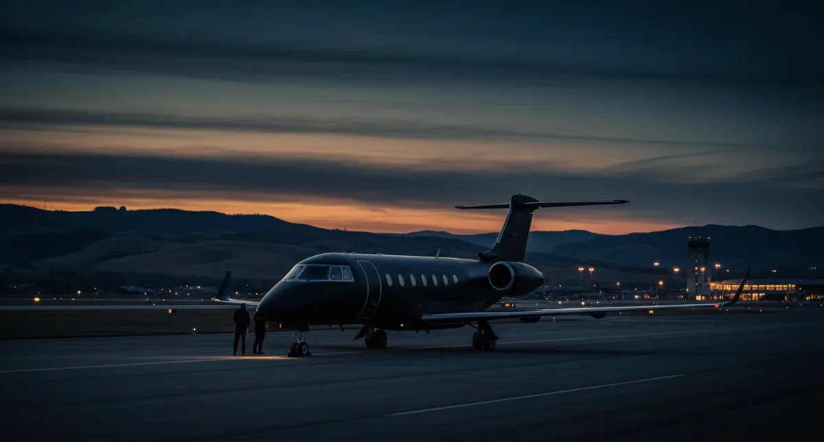 A private jet on an airport tarmac with rolling California hills in the background.