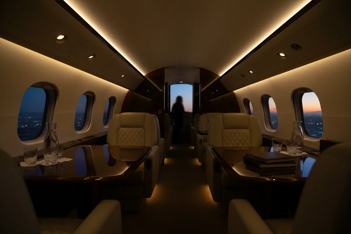 The luxurious interior of a private jet cabin with leather seats and warm lighting.