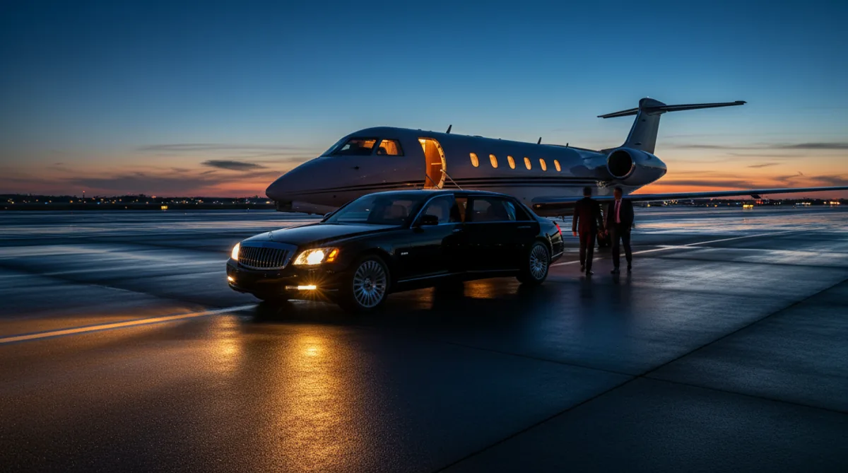 A luxury sedan waits on the tarmac next to the stairs of a private jet at twilight.