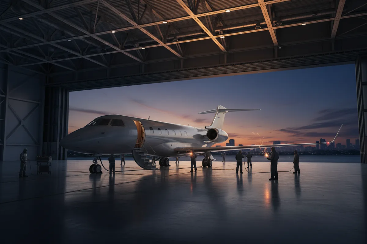 Technicians perform maintenance on a private jet inside a large, modern hangar at dusk.