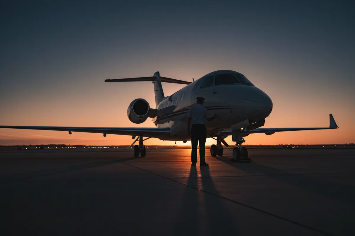 A pilot inspects the exterior of a private jet on the tarmac during blue hour.
