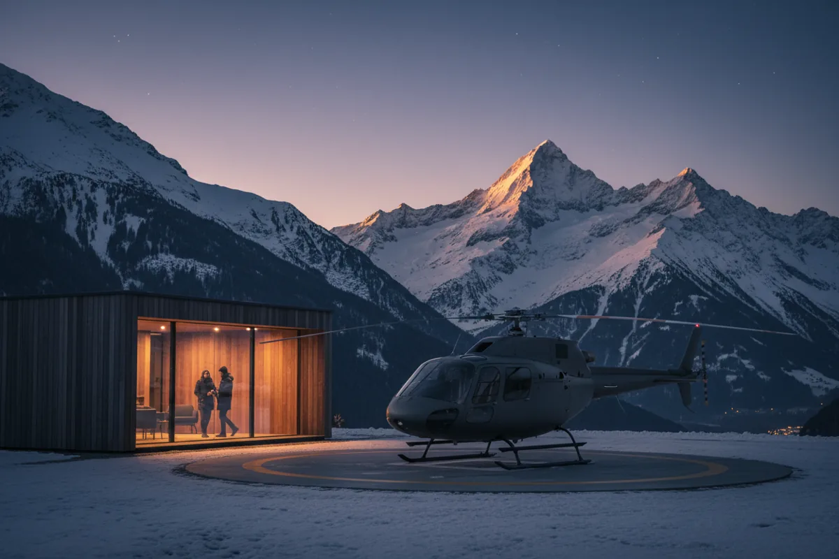 A helicopter on a snowy helipad at a modern alpine terminal at twilight.