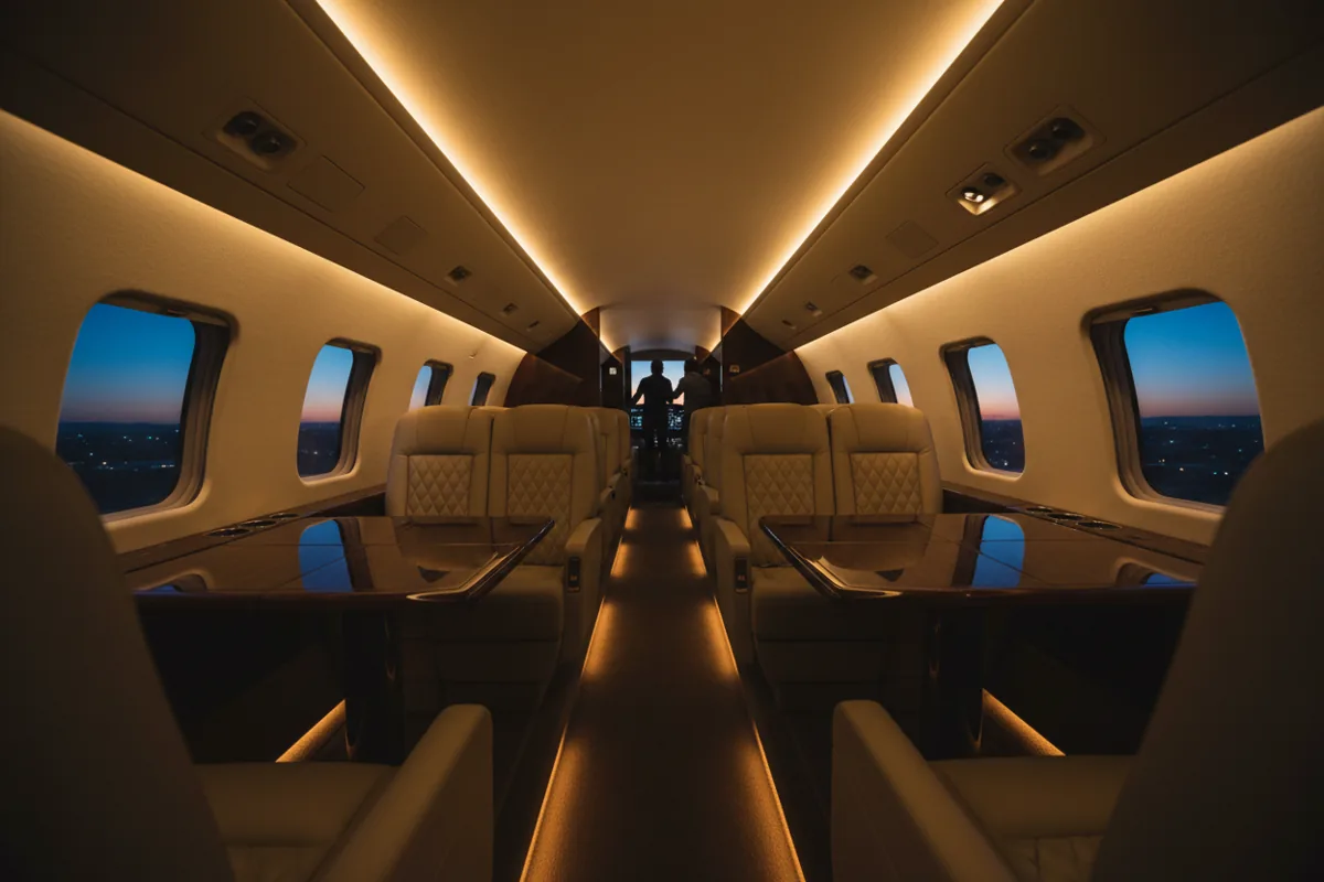 The luxurious interior cabin of a private jet with plush leather seats and polished wood finishes.