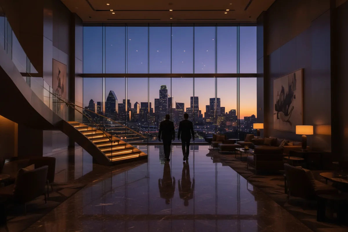 Two people seen from behind look out at the Dallas city lights from a modern, luxurious hotel lobby.