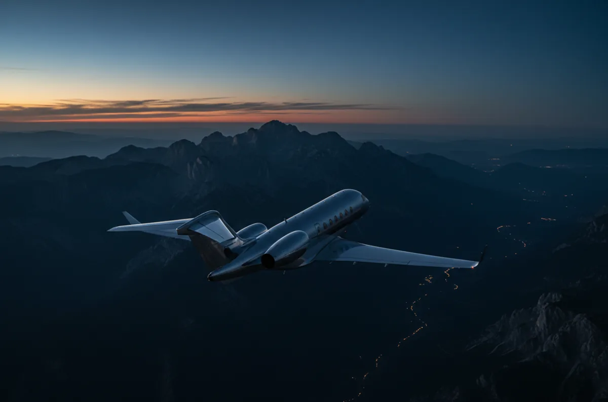 A private jet flying over a mountain range at twilight.