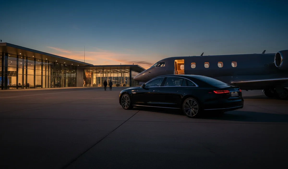 A luxury car waiting by a private jet on an airfield at dusk.
