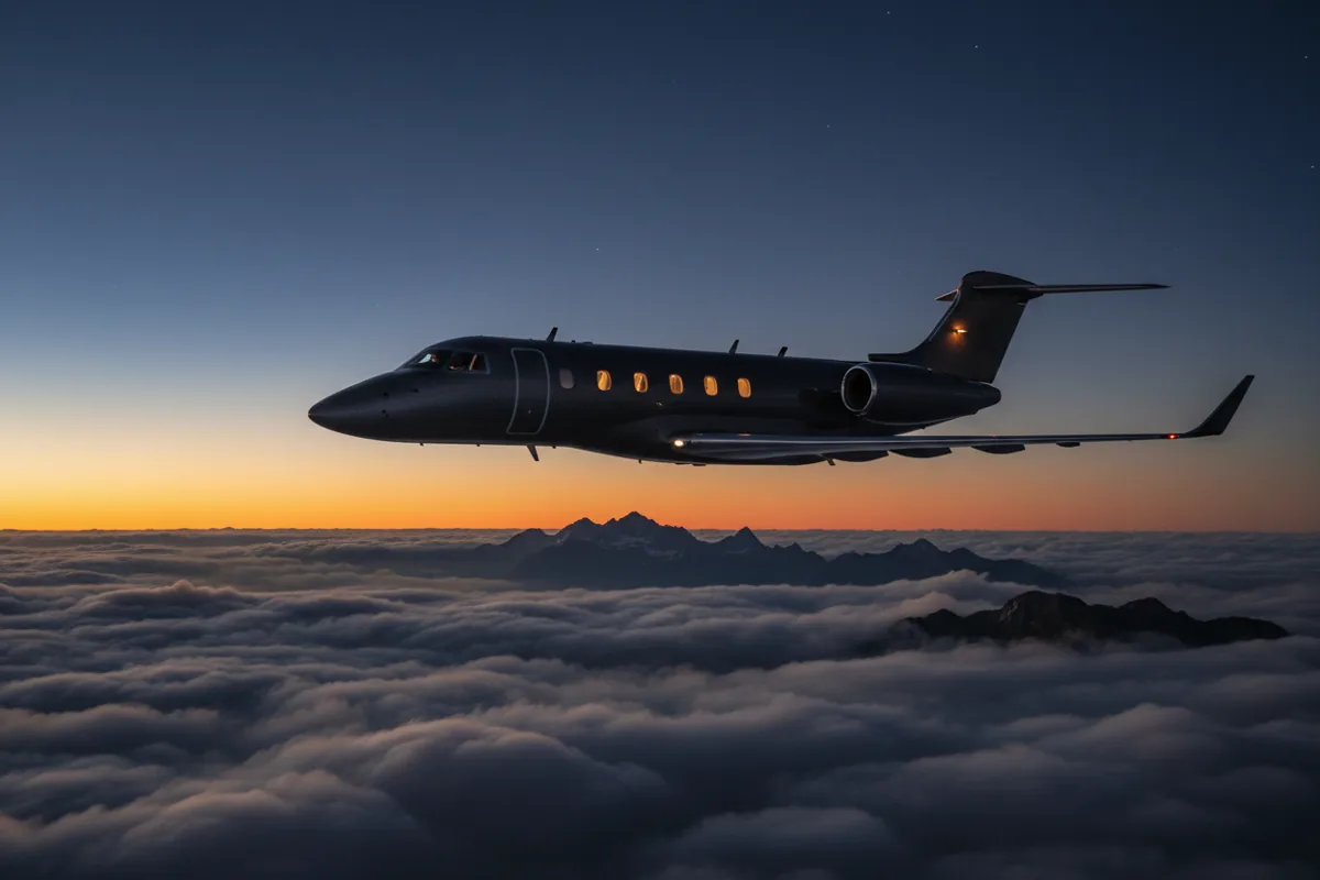 A private jet flies high above the clouds at sunset.