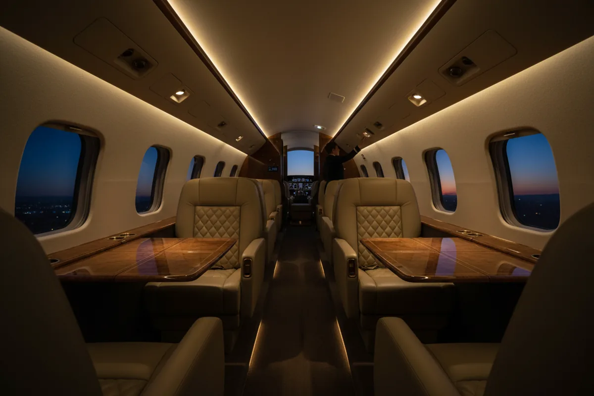 The luxurious interior of a private jet cabin with leather seats and warm lighting.