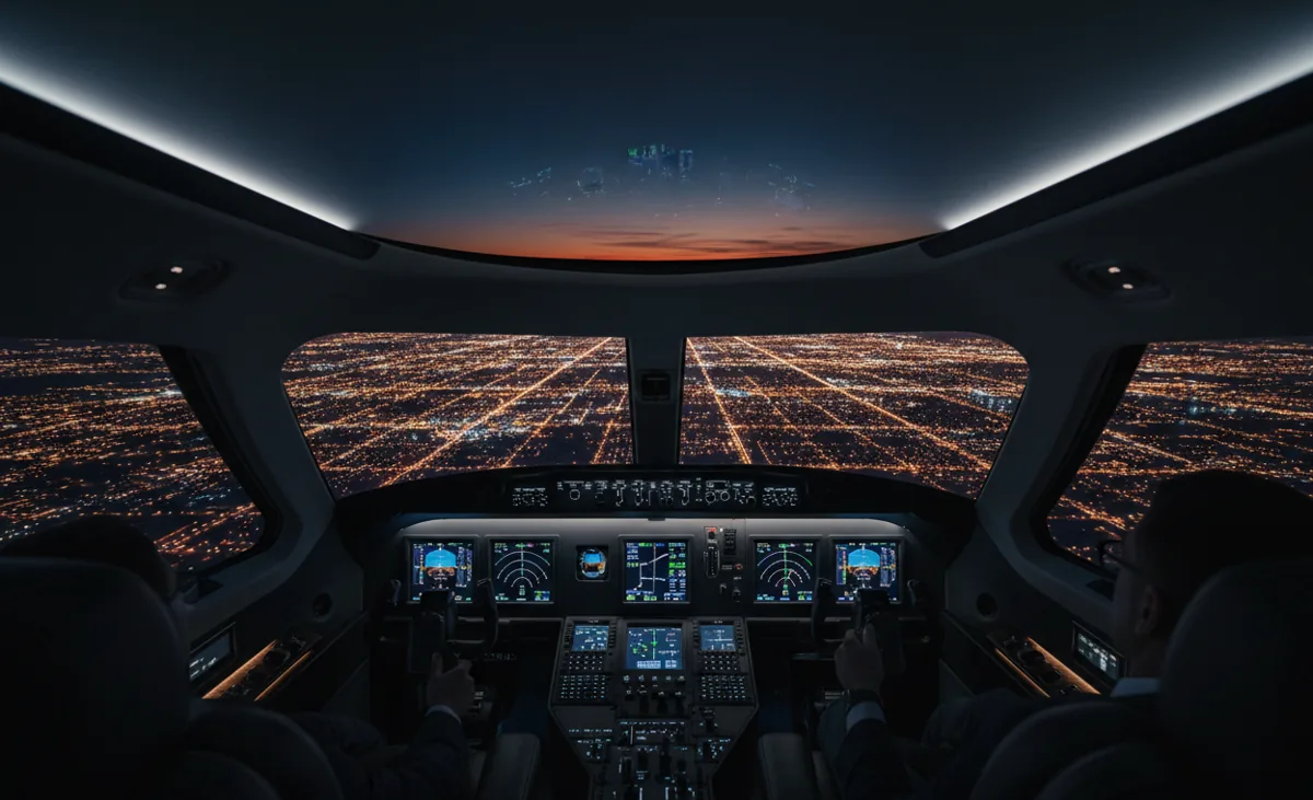 The view from a jet's cockpit overlooking a brightly lit city at night.
