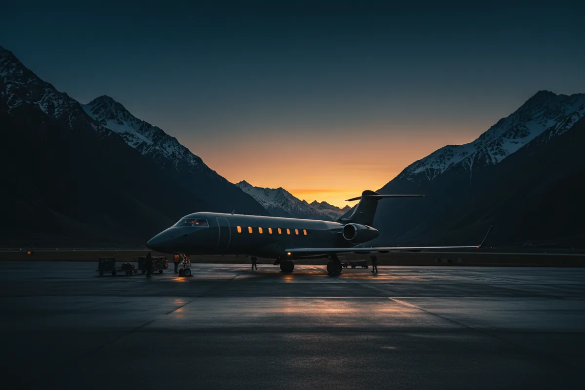 A private jet parked at a remote mountain airfield at dusk.