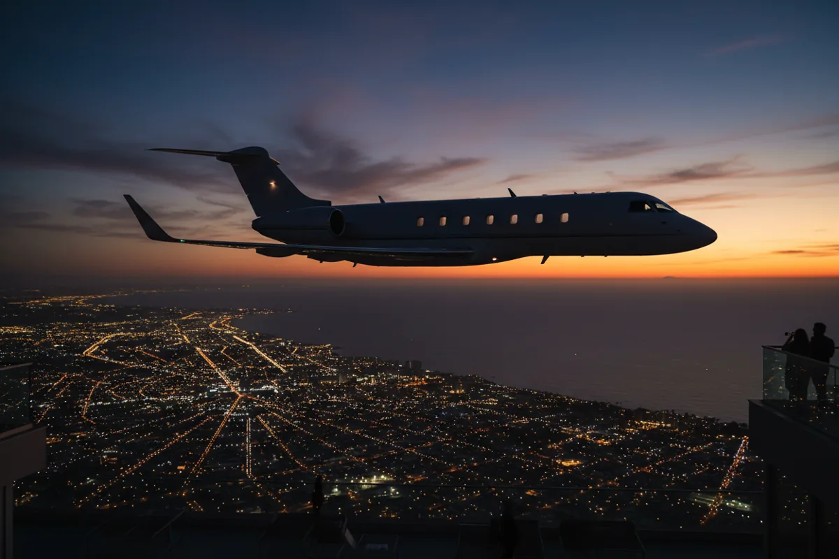 A private jet with three engines flies over a coastal city at sunset.