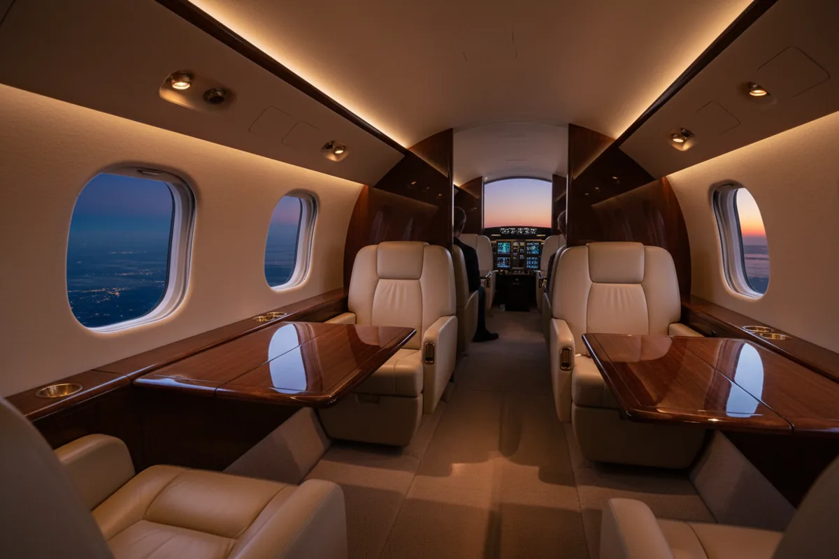 The luxurious interior of a private jet cabin with leather seats and wood trim, seen at twilight.