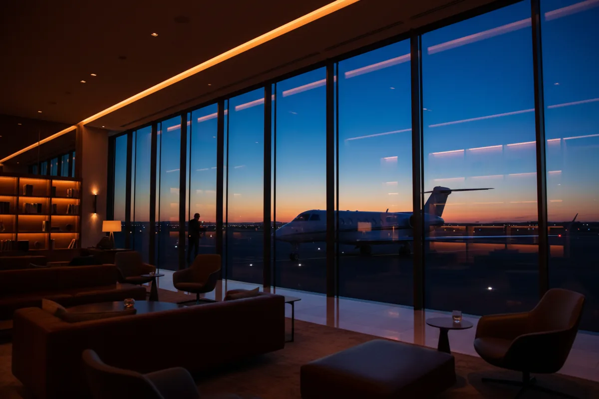 View of a private jet on the tarmac at dusk, seen from inside a modern airport lounge.