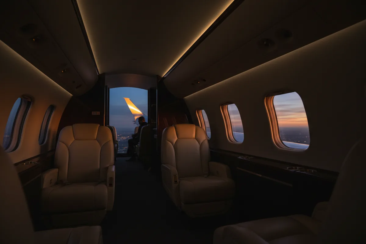 The luxurious, warmly lit interior of a private jet cabin at night.