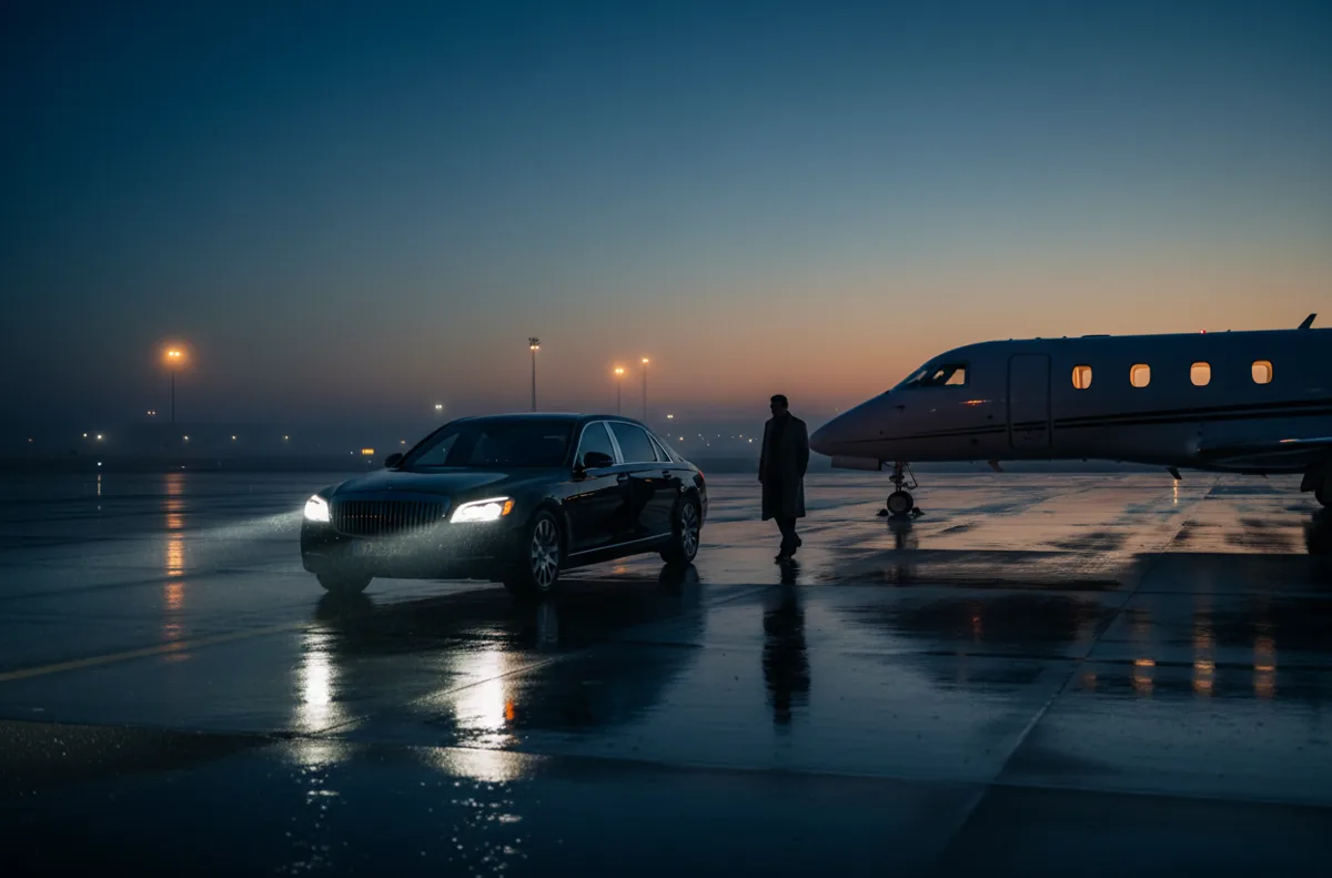A luxury car waiting on the tarmac next to a private jet at dusk.