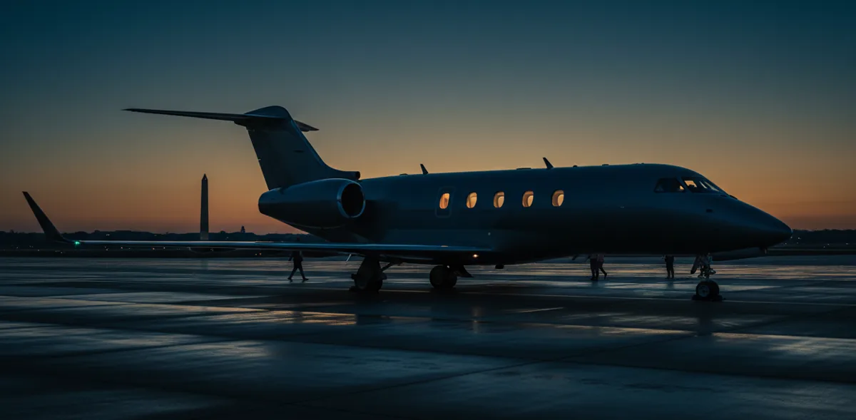 A private jet on an airport tarmac at dusk, with the Washington Monument in the background.