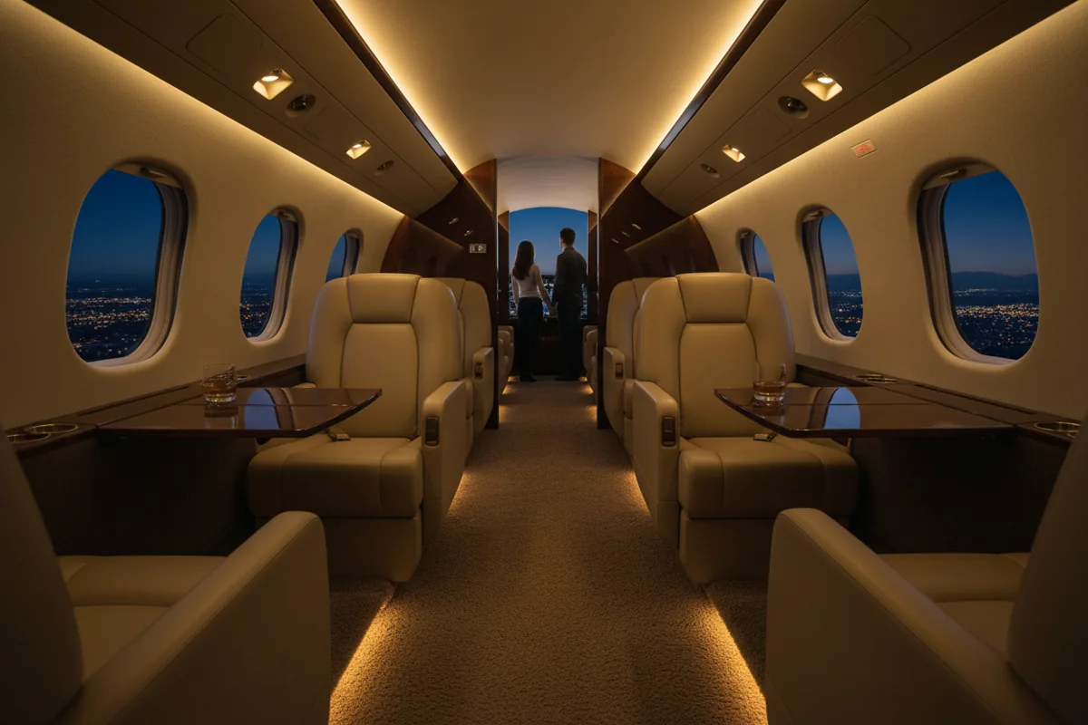 The empty, illuminated interior of a luxurious private jet cabin at night.
