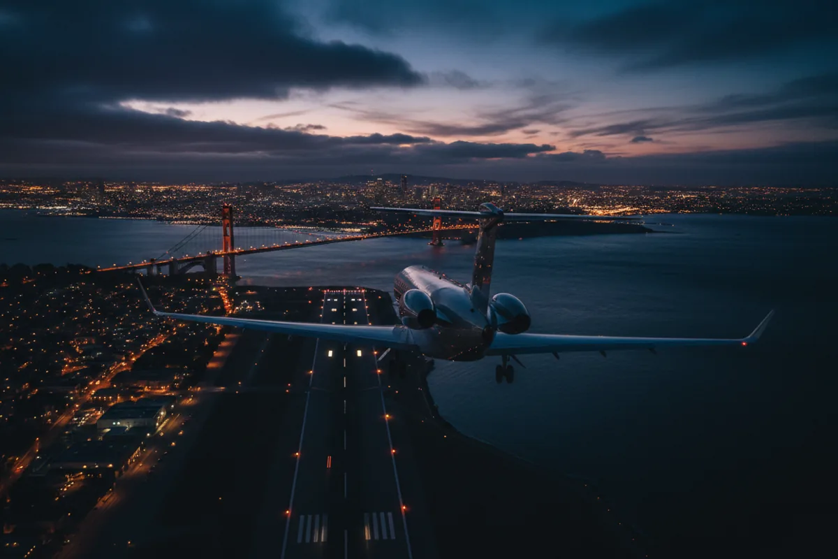 A jet approaches a runway at dusk, with the Golden Gate Bridge and San Francisco skyline in the background.