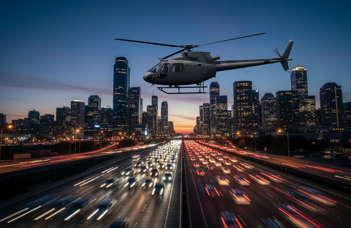 A helicopter flies over a highway with heavy traffic at night, with a city skyline in the distance.