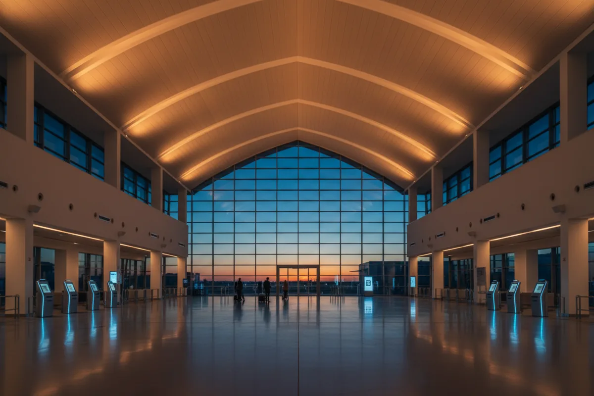 A spacious, modern airport check-in hall with self-service kiosks and large windows showing the evening sky.