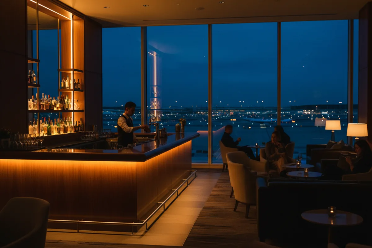 An elegant airport lounge at dusk with a glowing bar and seating overlooking the airfield.