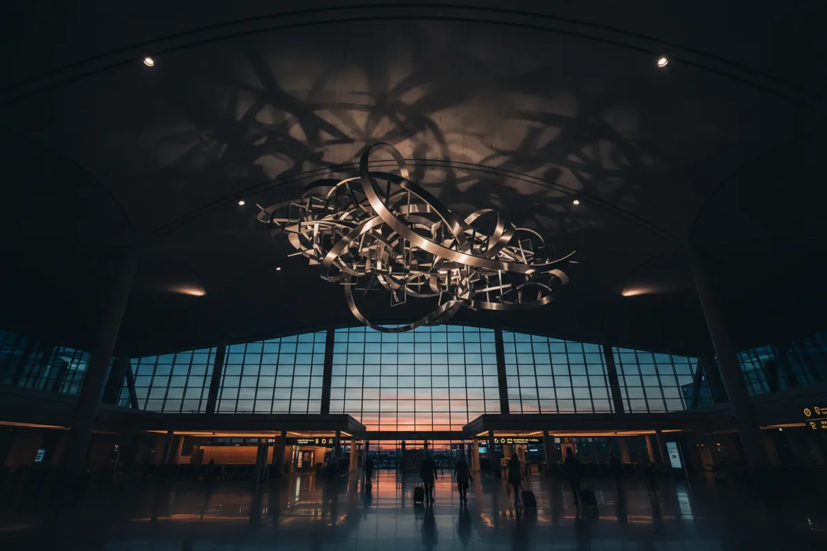 A large, illuminated art sculpture hangs from the ceiling of a modern airport concourse at night.