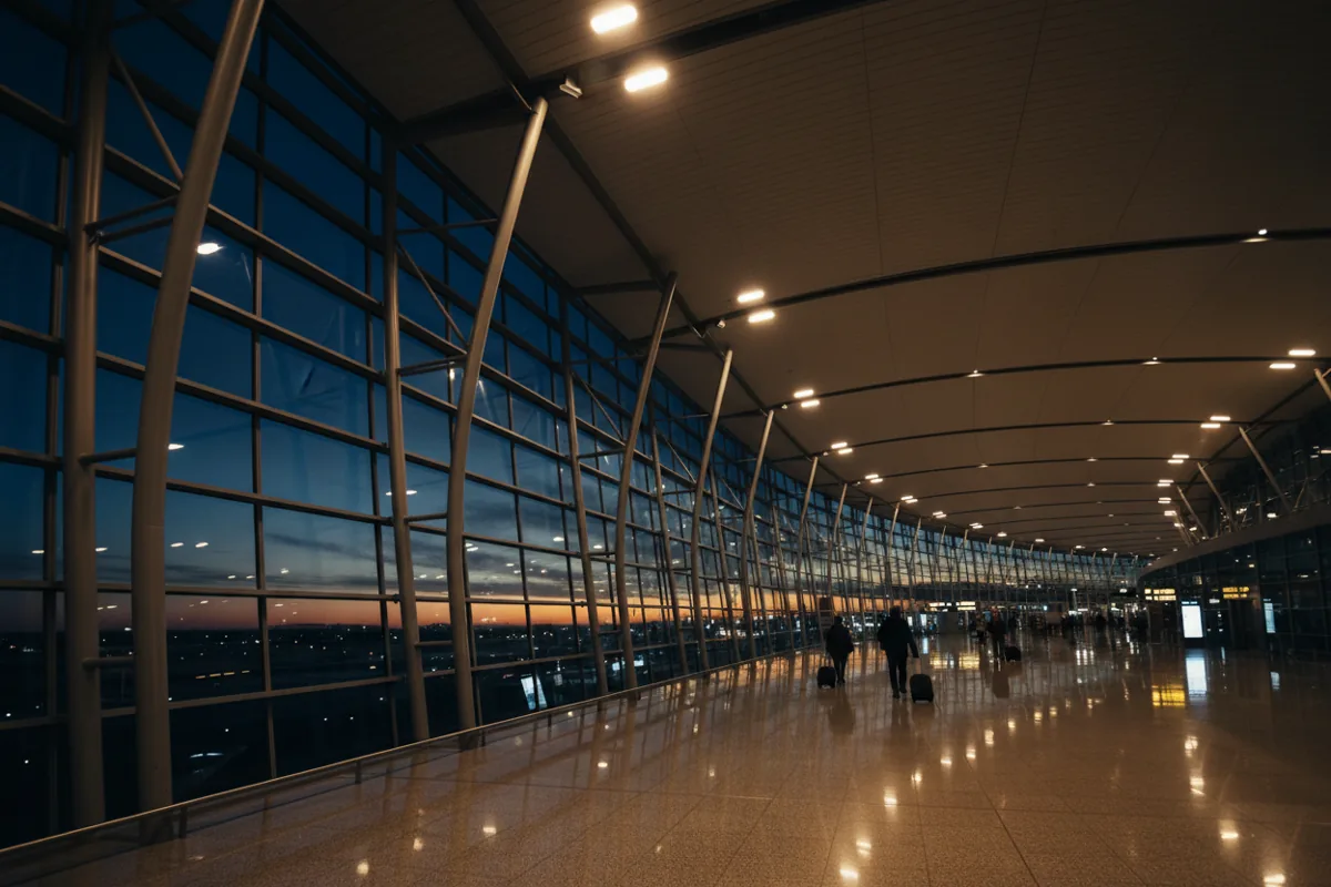 Travelers walk through a spacious, modern airport concourse at dusk.