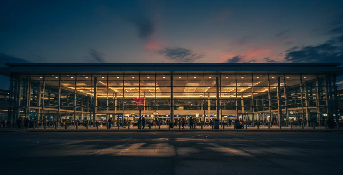 The illuminated glass facade of Delta's Terminal 4 at JFK Airport against a dark blue evening sky.