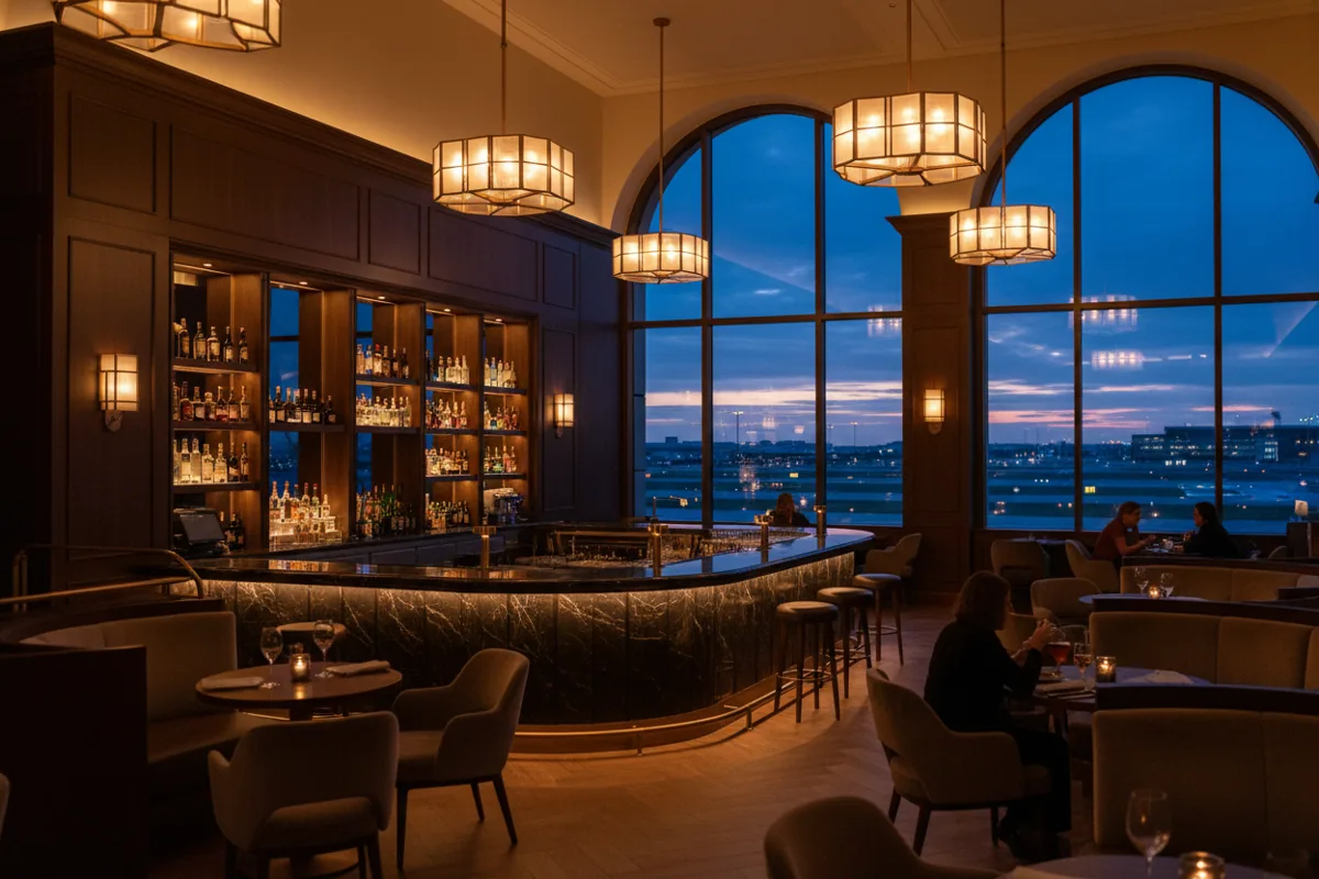 A stylish, modern airport restaurant and bar with soft, warm lighting.