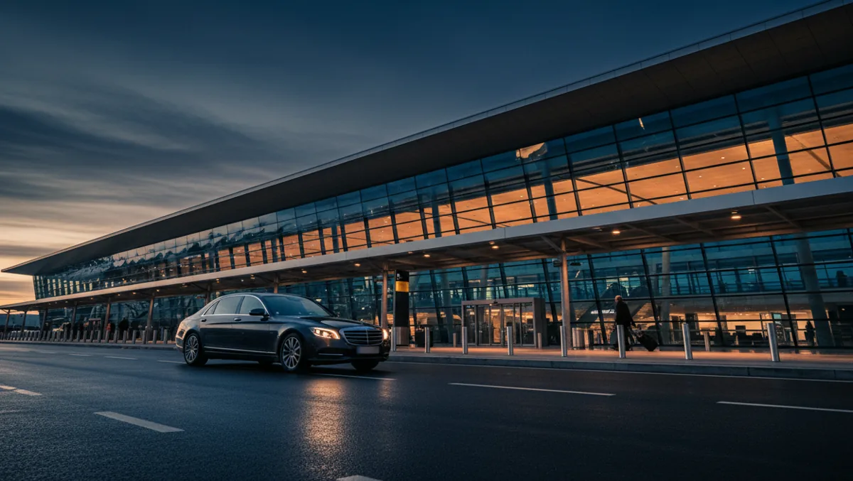 A luxury car arriving at an airport terminal entrance at night.