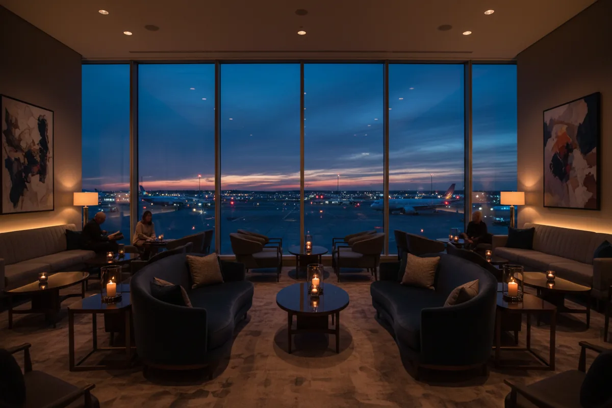An empty, modern airport lounge with a view of the tarmac at dusk.