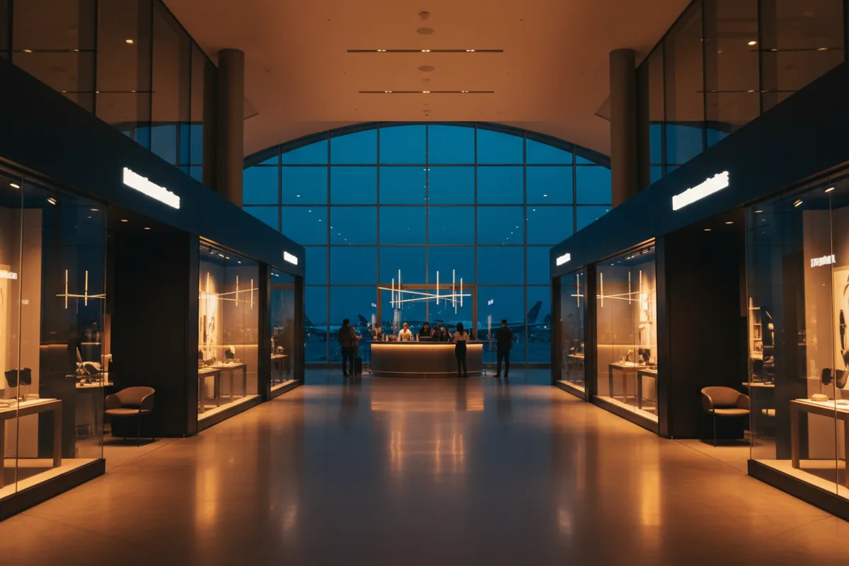 An upscale shopping and dining concourse inside an airport terminal at night.