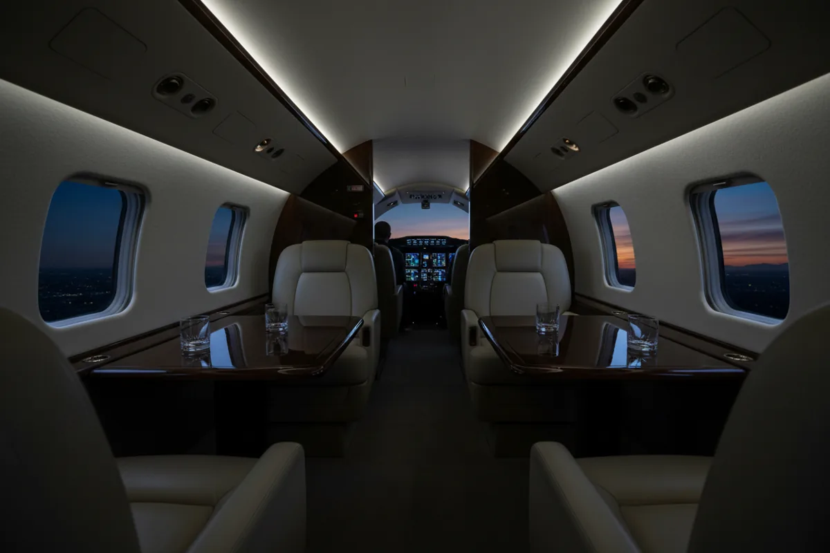 The empty, luxurious interior of a private jet cabin with plush leather seats and warm lighting.