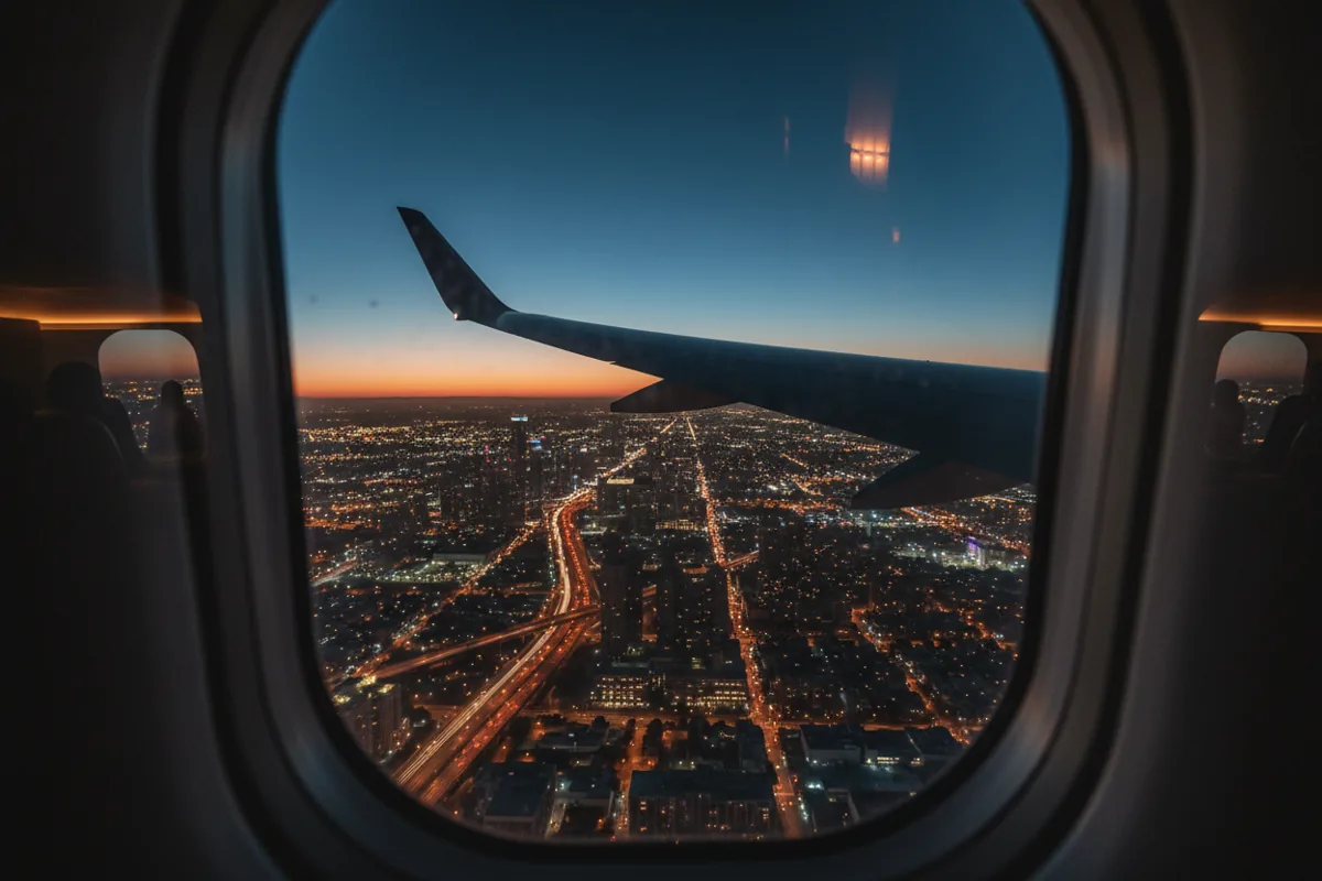 A city skyline at twilight as seen from the window of an airplane wing.