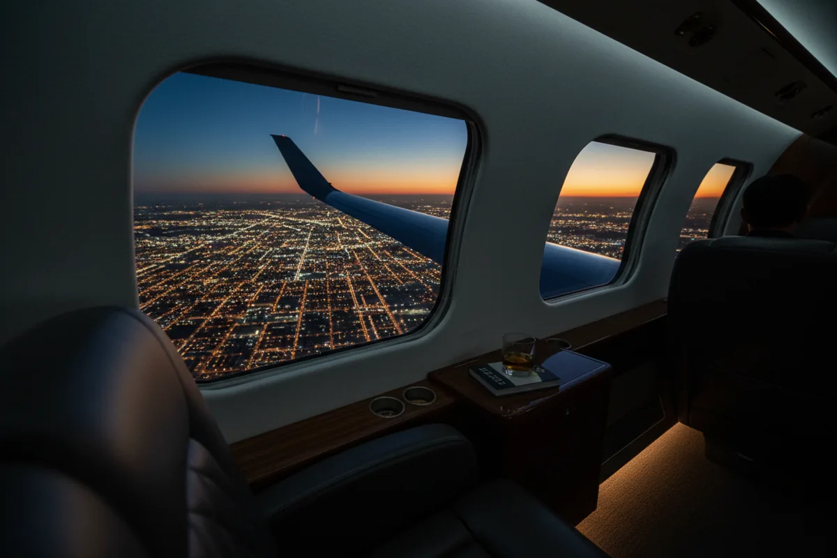 View from a private jet window showing the wing and the city lights of Detroit below at night.