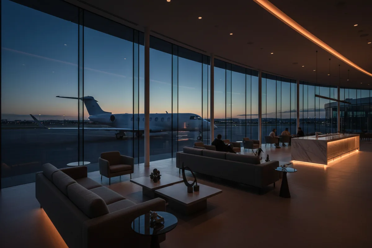 A modern, empty private airport lounge with large windows looking out onto a jet on the tarmac at twilight.