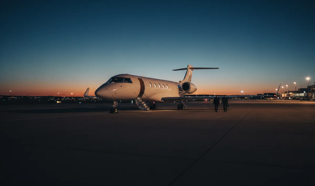 A modern private jet parked on an airport tarmac on a sunny day, ready for charter.