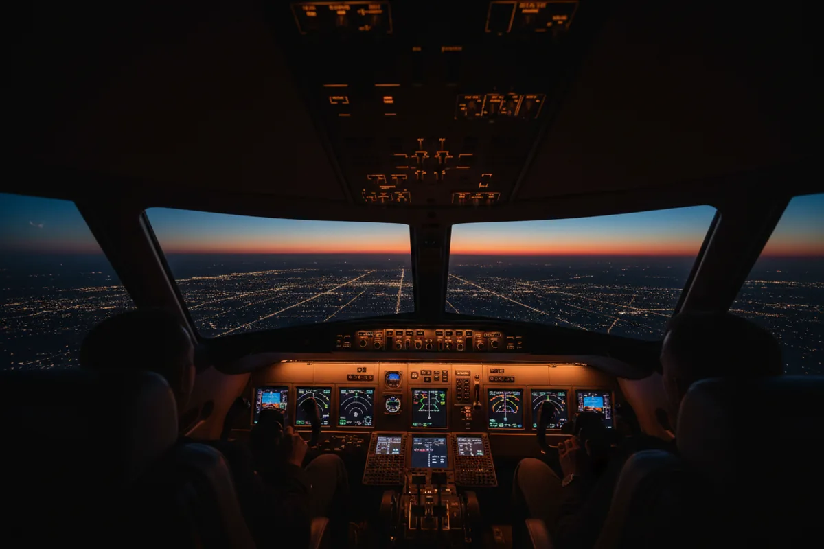 The view from a jet cockpit at twilight, showing glowing instruments and a city grid below.