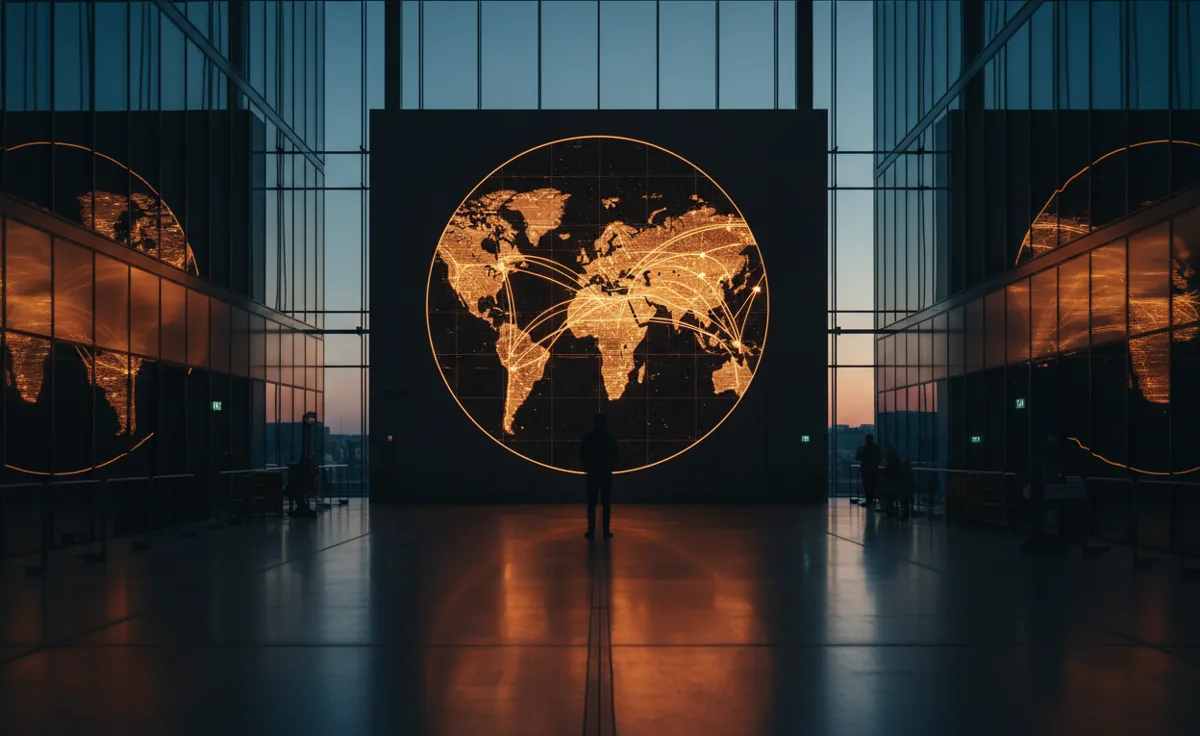 A person in a logistics center views a large, glowing digital map of flight paths.