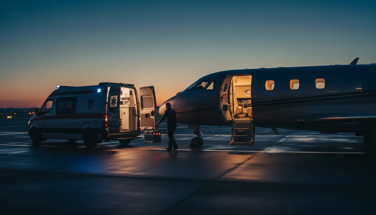 A medical cooler is transferred from a private jet to an ambulance on a tarmac at dusk.