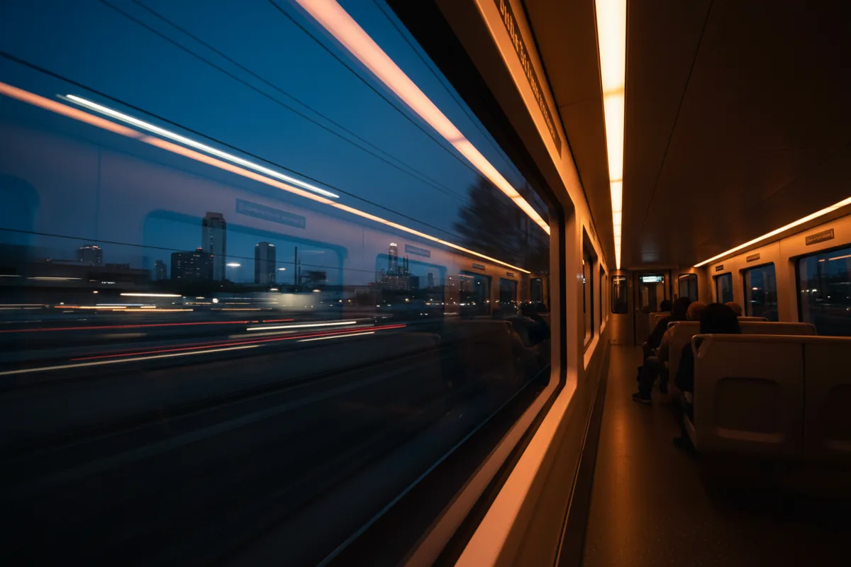 View from a moving train window at dusk, showing blurred city lights passing by.