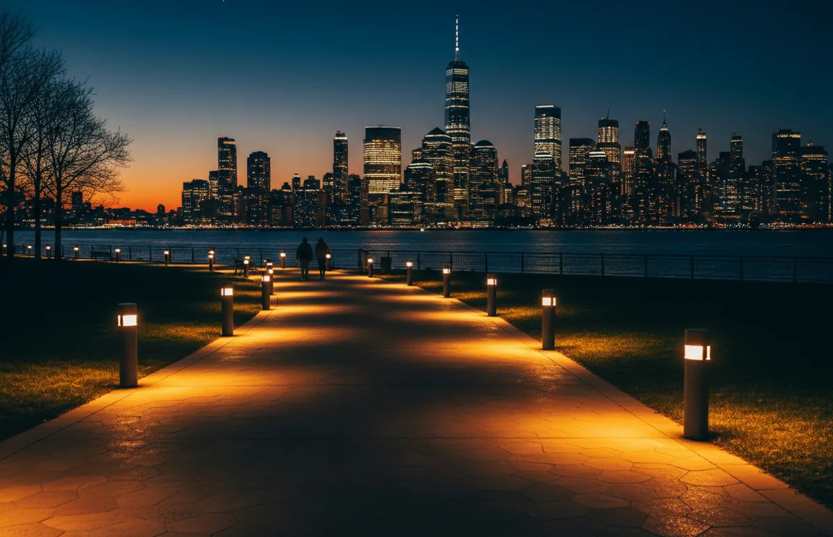 A lamp-lit path on the Hoboken waterfront at night, with the Manhattan skyline in the background.