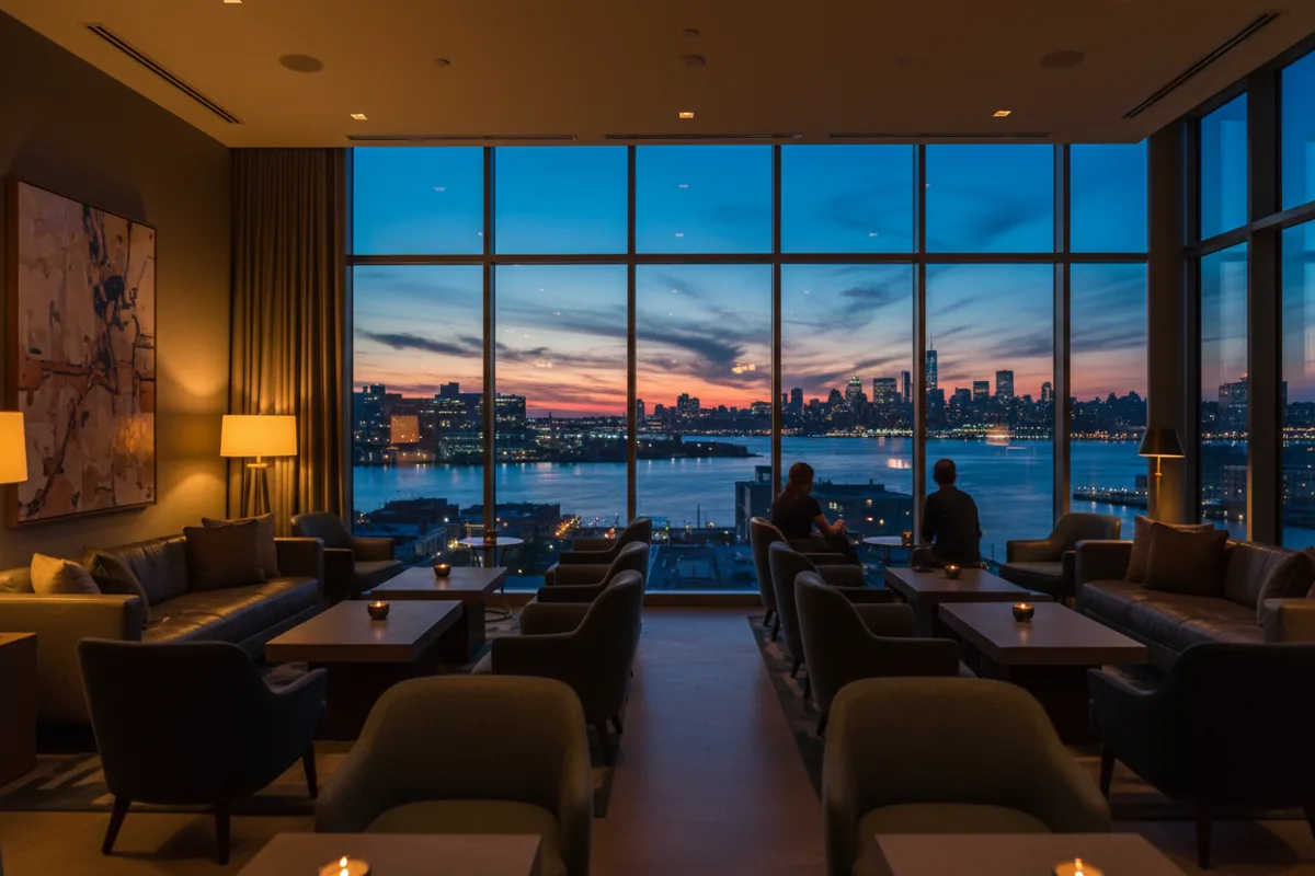 A modern hotel lounge with large windows overlooking the Hoboken city skyline at dusk.