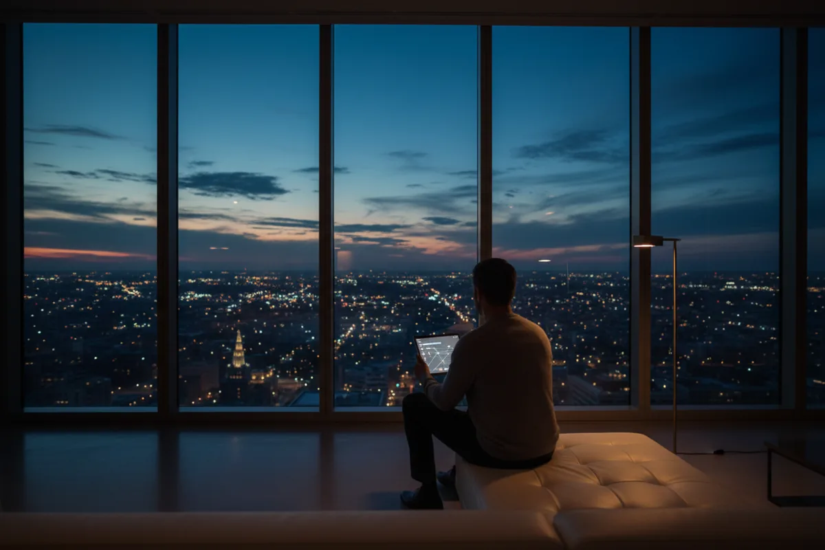 A person uses a tablet in a modern lounge with a view of a city at dusk.