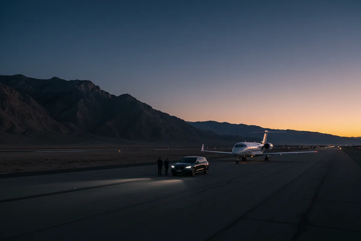 A private jet and a luxury SUV on a remote airfield at the base of mountains at dusk.